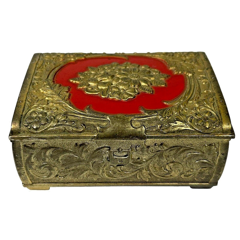 Vintage Metal Gold-tone Floral Detailed Lined Footed Trinket Jewelry Box.